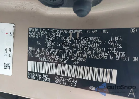 2011 Toyota Sienna Xle V6 из США, поврежденный, VIN 5TDYK3DC2BS122538